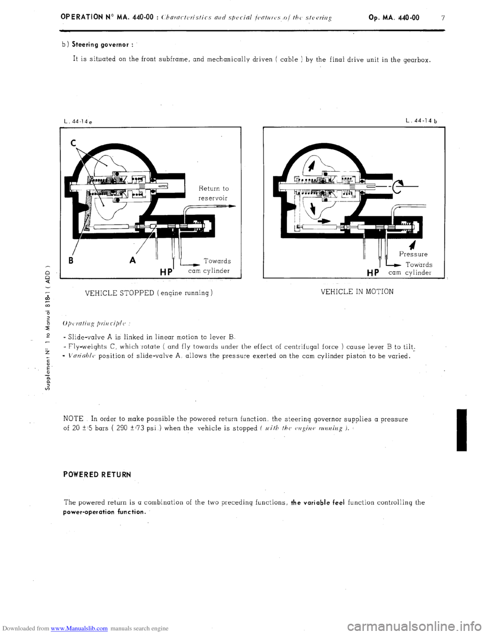 Citroen CX 1982 1.G Workshop Manual Downloaded from www.Manualslib.com manuals search engine d
m
.-
0
2
f Op. MA. 440-00
7 -
b) Steering governor :
It is situated on the front subframe, and mechanically driven ( cable ) by the f Citroen CX 1982 1.G Workshop Manual Downloaded from www.Manualslib.com manuals search engine d
m
.-
0
2
f Op. MA. 440-00
7 -
b) Steering governor :
It is situated on the front subframe, and mechanically driven ( cable ) by the f