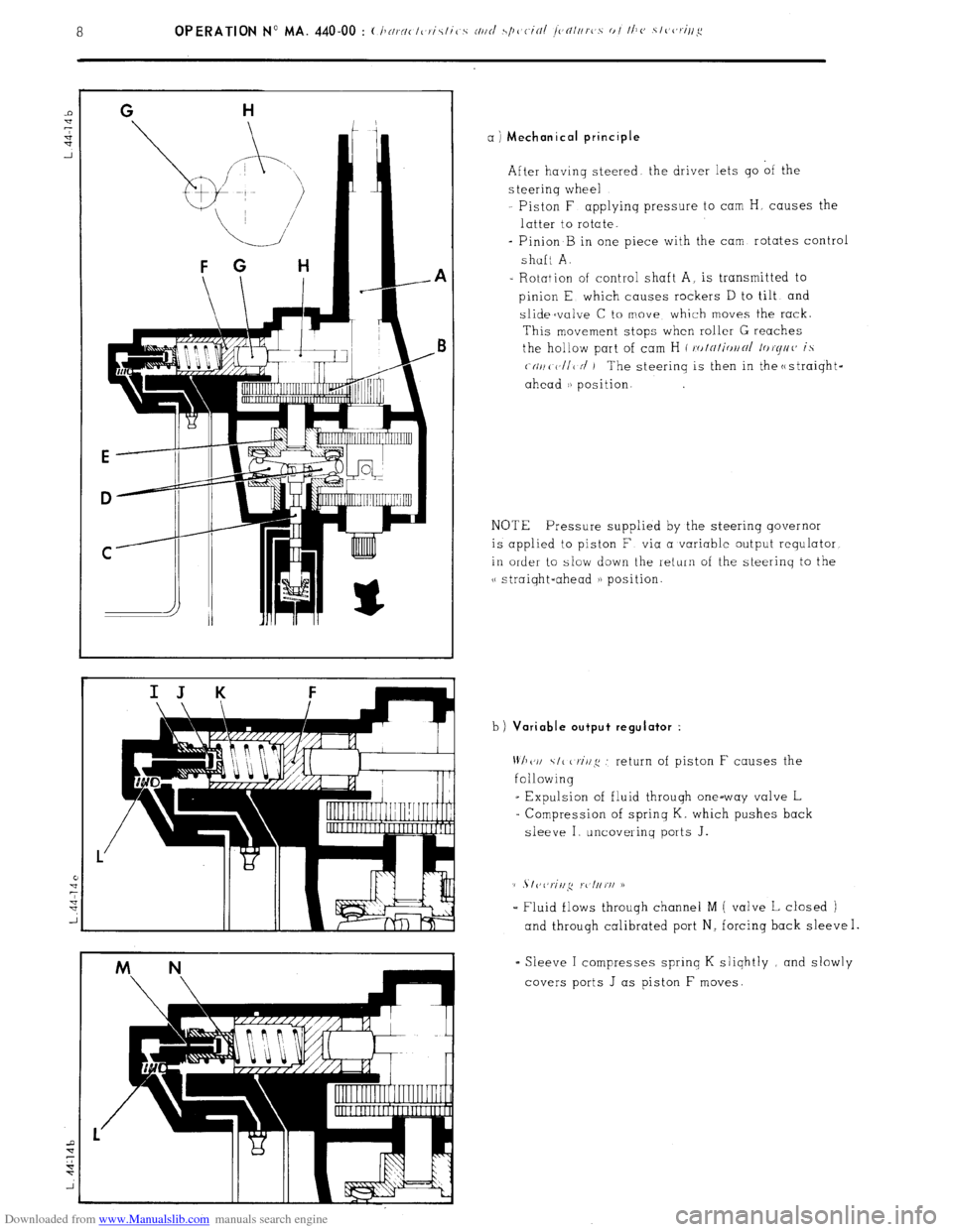 Citroen CX 1982 1.G Workshop Manual Downloaded from www.Manualslib.com manuals search engine a ) Mechanical principle
After having steered the driver lets go of the
s teerinq wheel
Piston F applyinq pressure to cam H, causes the
lat Citroen CX 1982 1.G Workshop Manual Downloaded from www.Manualslib.com manuals search engine a ) Mechanical principle
After having steered the driver lets go of the
s teerinq wheel
Piston F applyinq pressure to cam H, causes the
lat