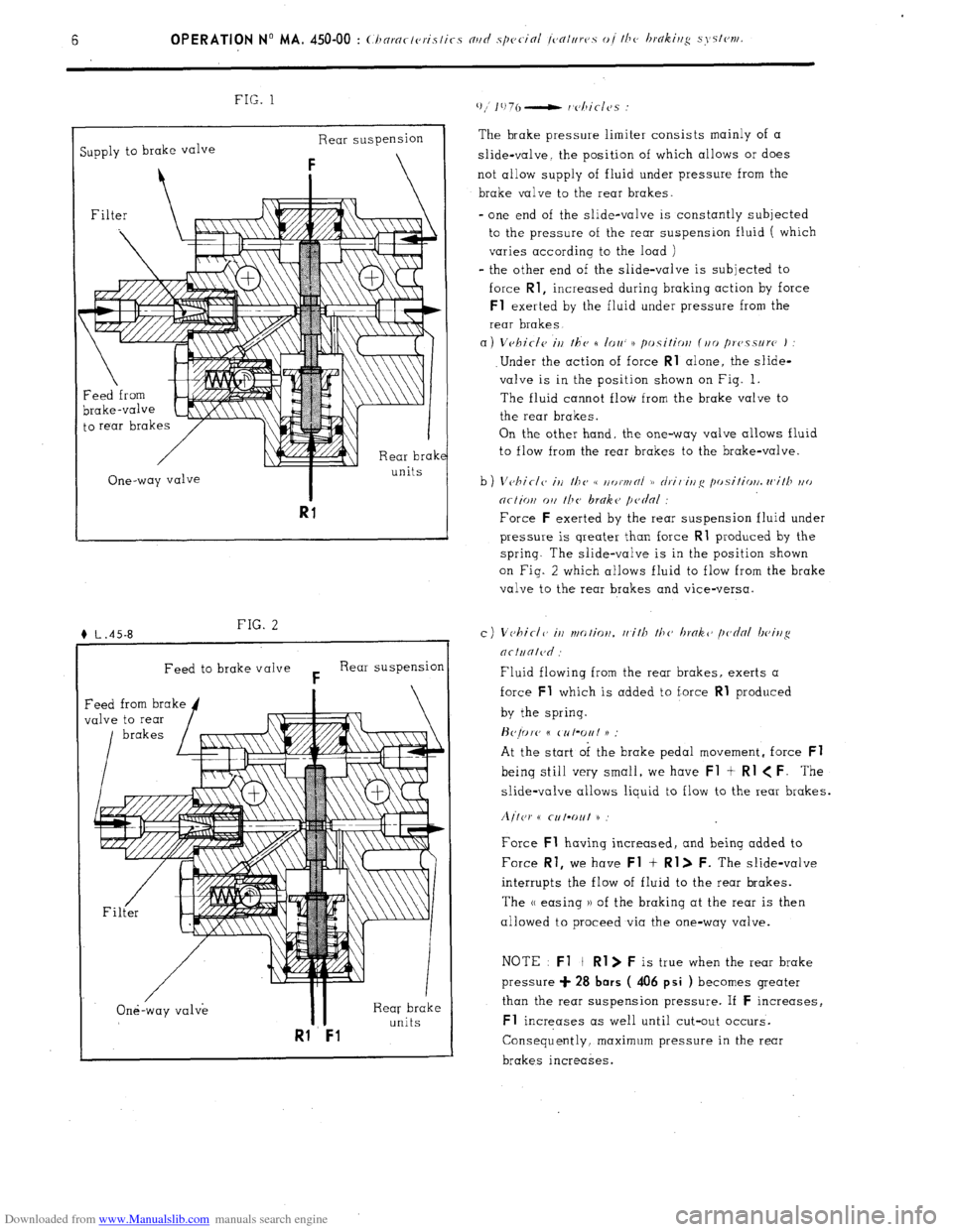 Citroen CX 1982 1.G User Guide Downloaded from www.Manualslib.com manuals search engine FIG. 1 
Supply to brake valve Rear suspension 
i  
Filter 
\--Iii 
I 
Rear brak 
. . 
One-way valve 
I units 
Rl 
Feed to brake valve F Rear su