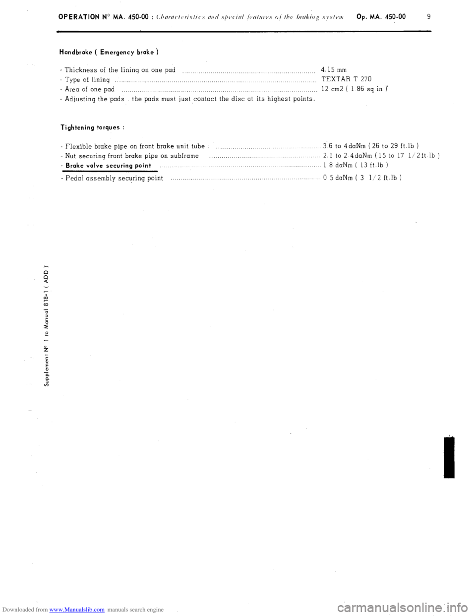 Citroen CX 1981 1.G Workshop Manual Downloaded from www.Manualslib.com manuals search engine OPERATION No MA. 450-00 : (:/~ornc.t(,ris/i(- c/r/d ,S/ICJC inl /c,c//r~rc,s ot the brcrkillg s~‘.stc~rt~ Op. MA. 450-00 9 
Handbroke ( Emerg