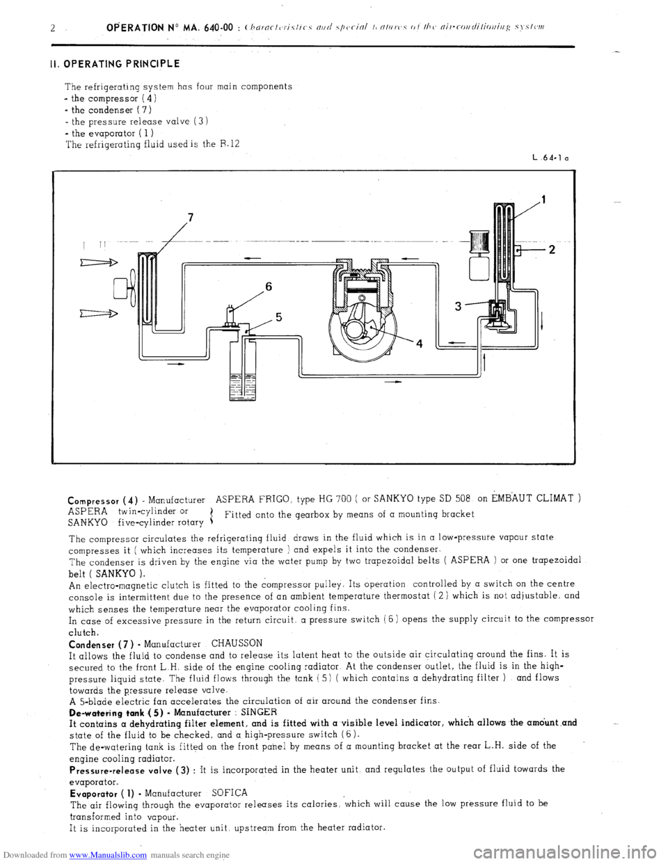 Citroen CX 1978 1.G Workshop Manual Downloaded from www.Manualslib.com manuals search engine II. OPERATING PRINCIPLE 
The refrigerating system has four main components 
- the compressor ( 4) 
- the condenser ( 7) 
- the pressure release
