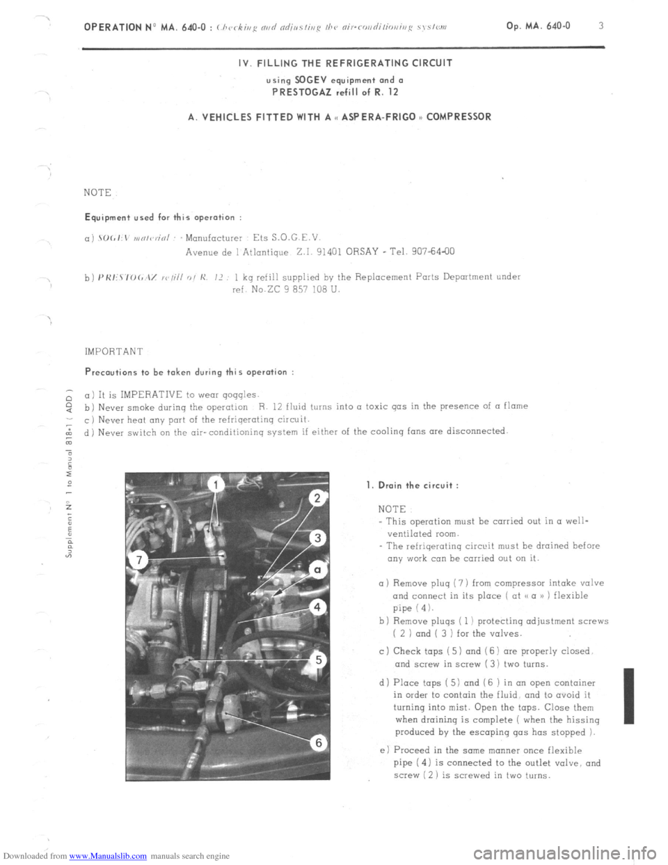 Citroen CX 1985 1.G Owners Guide Downloaded from www.Manualslib.com manuals search engine OPERATION No MA. 640.0 : ( h<,ck;ux n,,d od;es/ieg /he nir-~o,,di/io,,iri,~ Z\.SI<:IN Op. MA. 640-O 
3 
IV. FILLING THE REFRIGERATING CIRCUIT 
