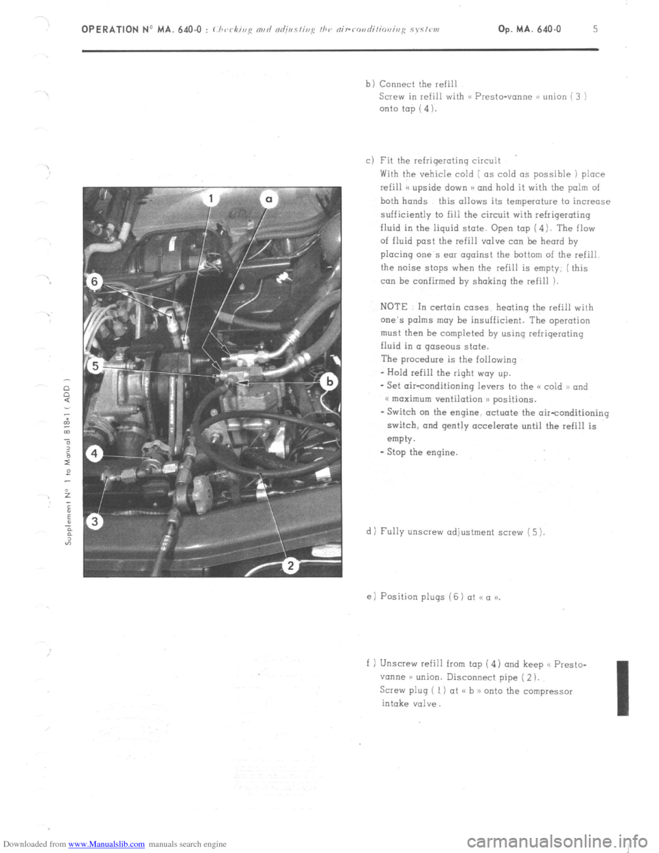 Citroen CX 1982 1.G Workshop Manual Downloaded from www.Manualslib.com manuals search engine OPERATION No MA. 640-O : C h<d;,,g oar/ nd;,,s/i,,,q I/,<, n;rro,,rl;lior,i,,fi s\~T~w,~ Op. MA. 640-O 5 
b 1 Connect the refill 
Screw in refi