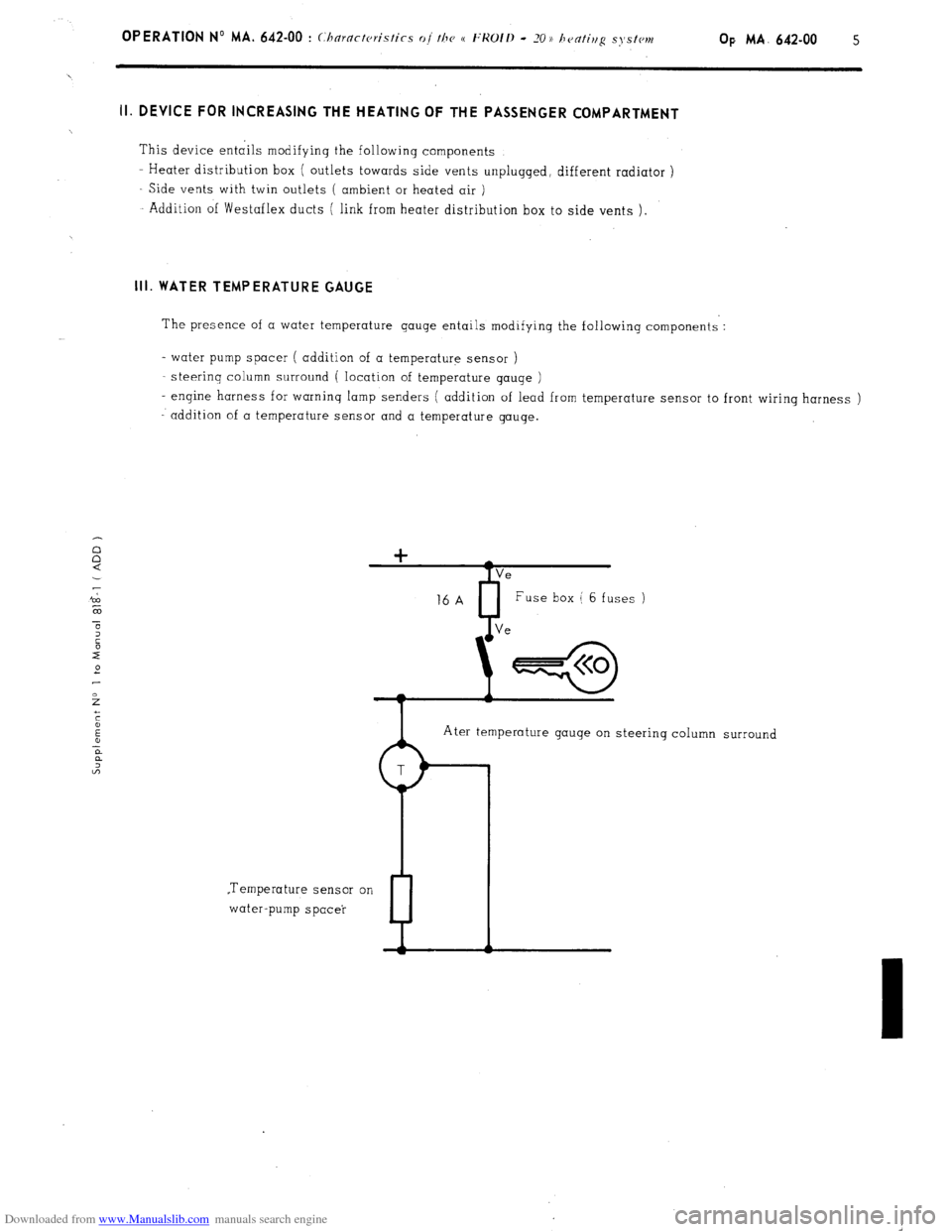 Citroen CX 1982 1.G Owners Guide Downloaded from www.Manualslib.com manuals search engine Op MA. 642-00 5 II. DEVICE FOR INCREASING THE HEATING OF THE PASSENGER COMPARTMENT 
This device entails modifying the following components 
- H