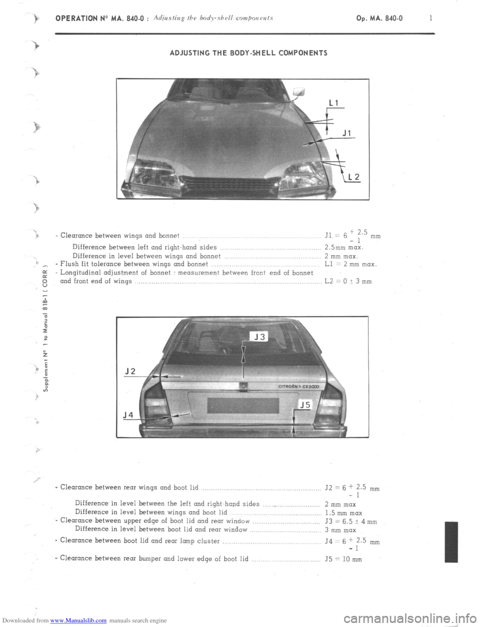 Citroen CX 1979 1.G Workshop Manual Downloaded from www.Manualslib.com manuals search engine OPERATION NO MA. 840-O : Adjjrrsting the body-shell rompovcnts Op. MA. 840.0 1 
ADJUSTING THE BODY-SHELL COMPONENTS 
t 
Jl 
- 
- Clearance betw