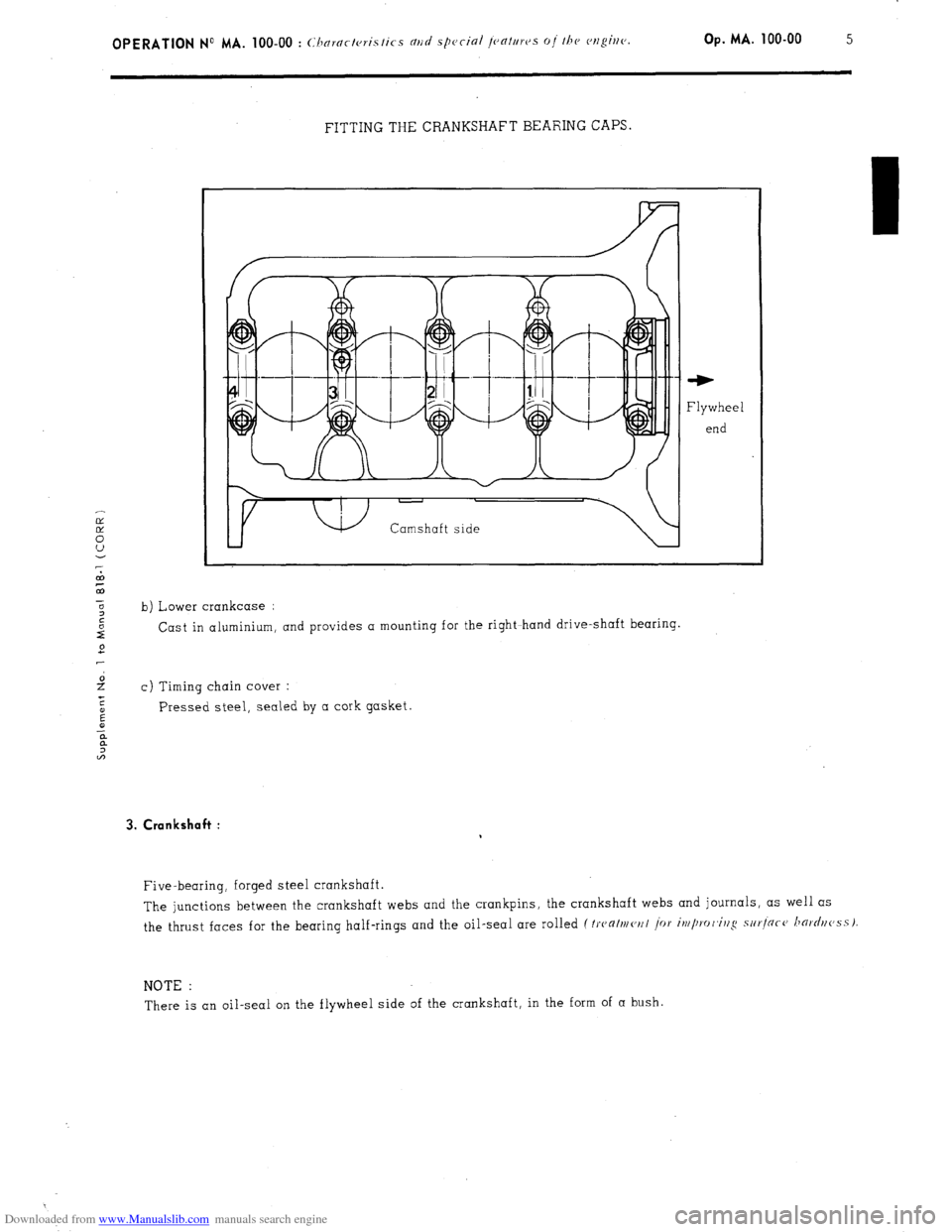 Citroen CX 1978 1.G Repair Manual Downloaded from www.Manualslib.com manuals search engine FITTING THE CRANKSHAFT BEARING CAPS 
Camshaft side  Camshaft side ‘W 
Flywheel 
end 
b) Lower crankcase : 
Cast in aluminium, and provides a 