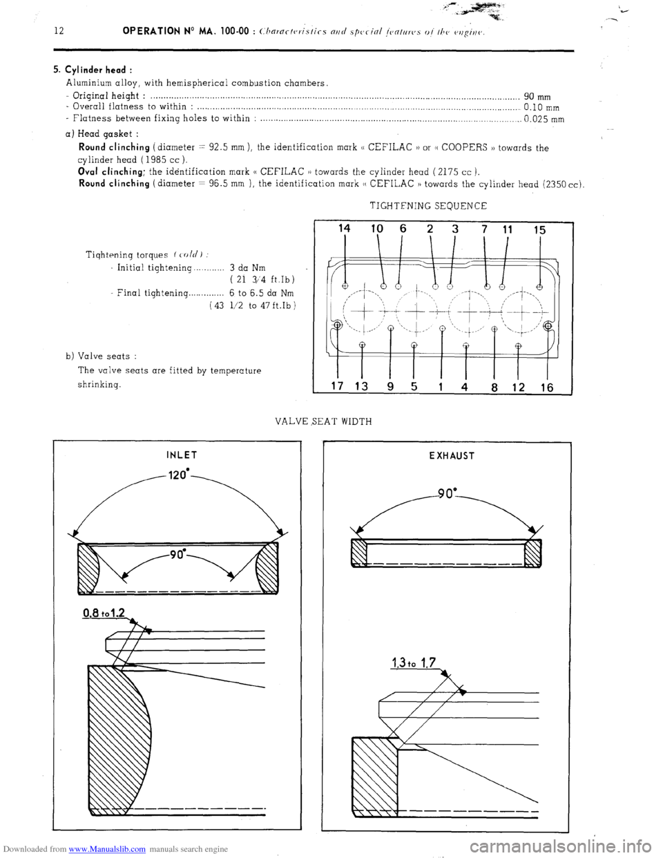 Citroen CX 1985 1.G Workshop Manual Downloaded from www.Manualslib.com manuals search engine 5. Cylinder head : 
Aluminium alloy, with hemispherical combustion chambers. 
- Original height : . . . . . . . . . . . . . . . . . . . . . . .