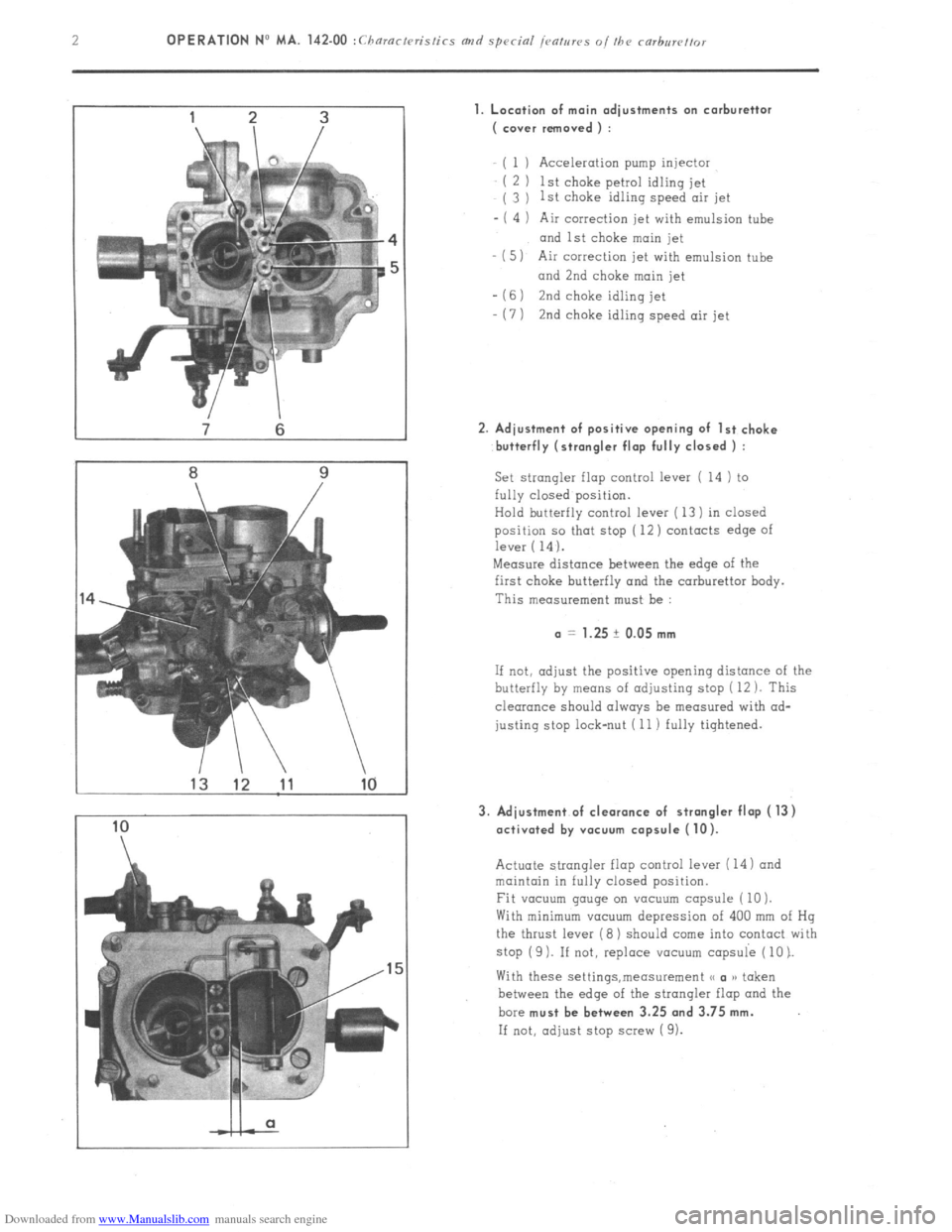 Citroen CX 1981 1.G User Guide Downloaded from www.Manualslib.com manuals search engine 2 OPERATION No MA. 142-00 :Cbaracteris/ics and special j~,attlr~s o/the carhrrre~~or 
7 6 
8 9 
1 ) Acceleration pump injector 
2 ) 1st choke p