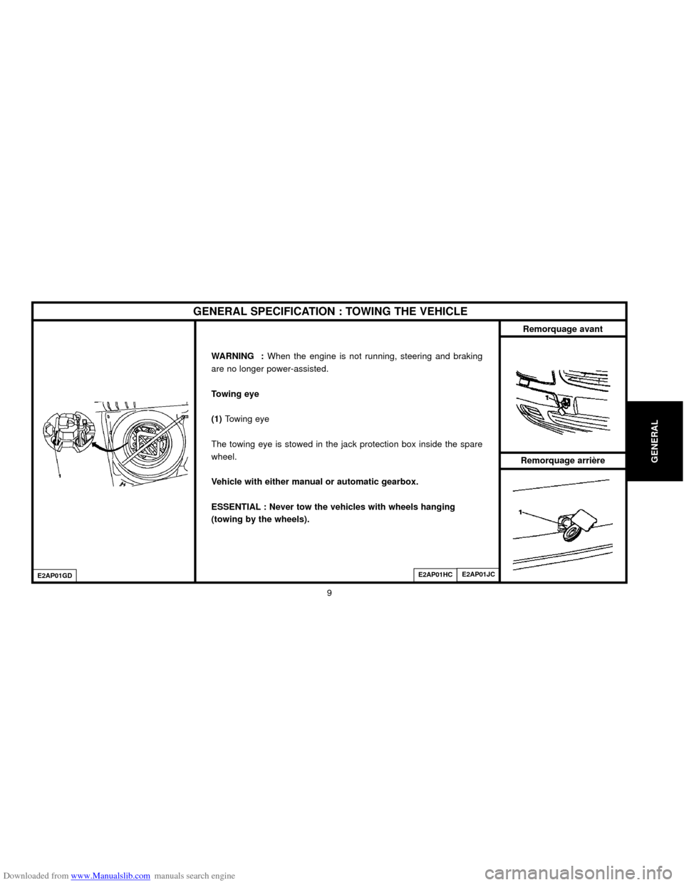 Citroen C5 2000 (DC/DE) / 1.G User Guide Downloaded from www.Manualslib.com manuals search engine GENERAL
9
GENERAL SPECIFICATION : TOWING THE VEHICLE
Remorquage avant
Remorquage arrière
WARNING    : When  the  engine  is  not  running,  st