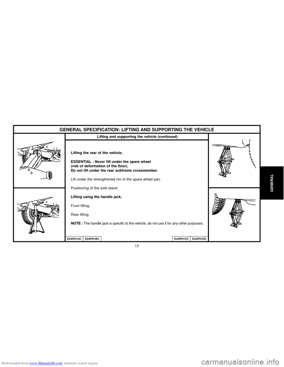 Citroen C5 2000 (DC/DE) / 1.G User Guide Downloaded from www.Manualslib.com manuals search engine GENERAL
13
Lifting and supporting the vehicle (continued)
Lifting the rear of the vehicle.
ESSENTIAL : Never lift under the spare wheel 
(risk 