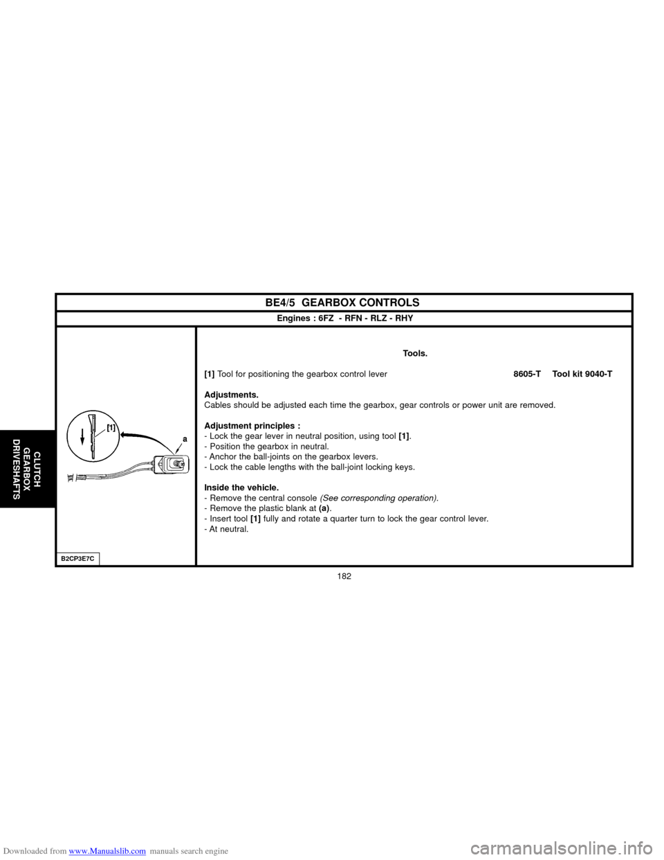 Citroen C5 2000 (DC/DE) / 1.G Owners Manual Downloaded from www.Manualslib.com manuals search engine 182
CLUTCH
GEARBOX
DRIVESHAFTS
BE4/5  GEARBOX CONTROLS
Engines : 6FZ  - RFN - RLZ - RHY
Tools.
[1]Tool for positioning the gearbox control leve