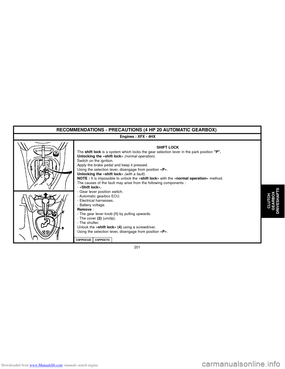 Citroen C5 2000 (DC/DE) / 1.G Owners Manual Downloaded from www.Manualslib.com manuals search engine 201
CLUTCH
GEARBOX
DRIVESHAFTS
RECOMMENDATIONS - PRECAUTIONS (4 HP 20 AUTOMATIC GEARBOX)
Engines : XFX - 4HX
SHIFT LOCK
The shift lockis a syst