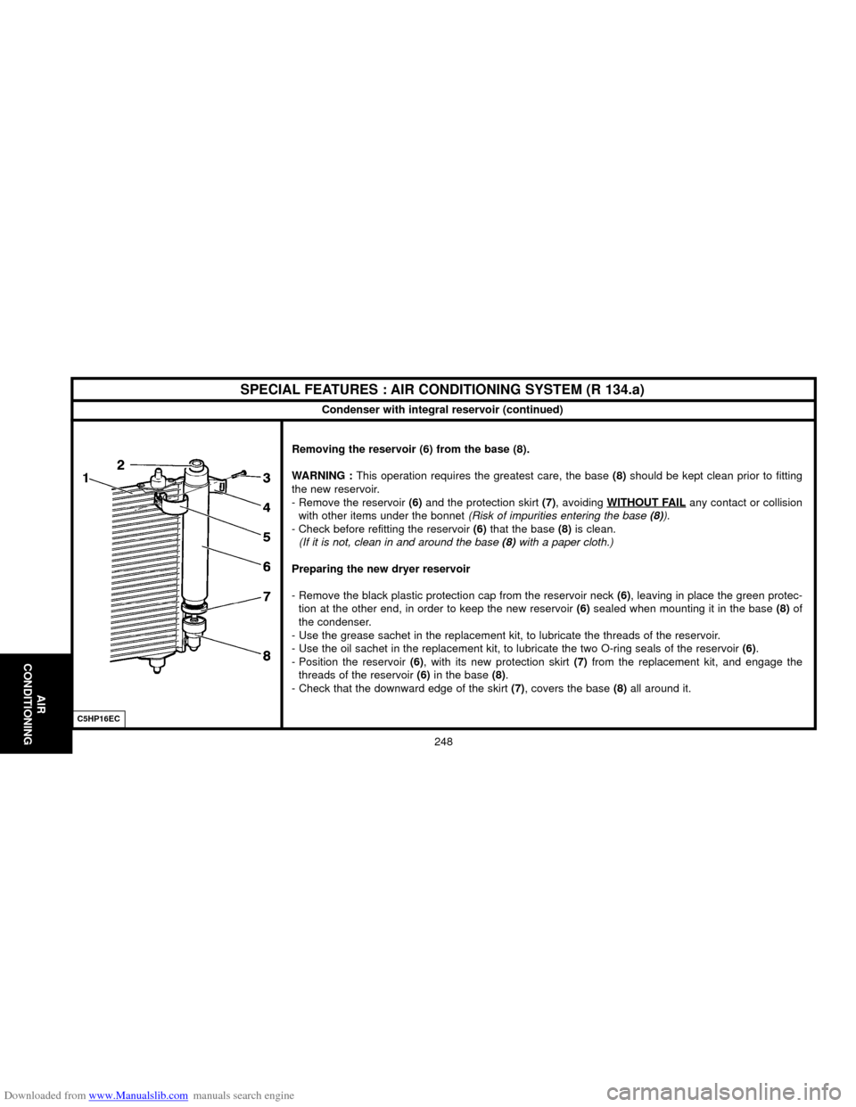 Citroen C5 2000 (DC/DE) / 1.G Owners Manual Downloaded from www.Manualslib.com manuals search engine C5HP16EC
SPECIAL FEATURES : AIR CONDITIONING SYSTEM (R 134.a)
Condenser with integral reservoir (continued)
Removing the reservoir (6) from the