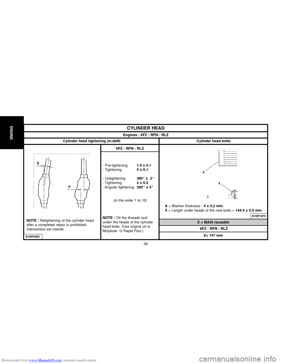Citroen C5 2000 (DC/DE) / 1.G Owners Manual Downloaded from www.Manualslib.com manuals search engine ENGINE
38
X = MAXI reusable
Engines : 6FZ - RFN - RLZ
Cylinder head tightening (m.daN) Cylinder head bolts
A= Washer thickness : 4 ± 0.2 mm.
X