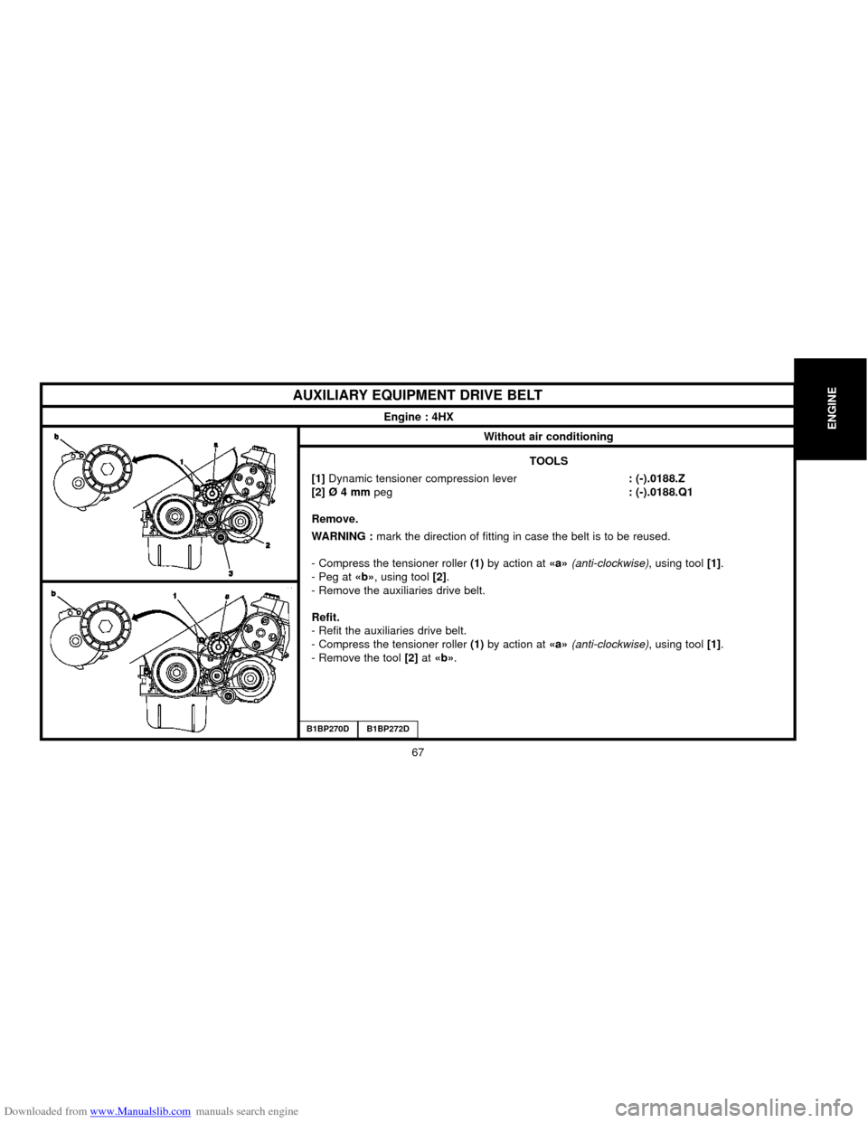 Citroen C5 2000 (DC/DE) / 1.G Repair Manual Downloaded from www.Manualslib.com manuals search engine ENGINE
67
AUXILIARY EQUIPMENT DRIVE BELT
Engine : 4HX
Without air conditioning
B1BP270DB1BP272D
TOOLS
[1] Dynamic tensioner compression lever: 