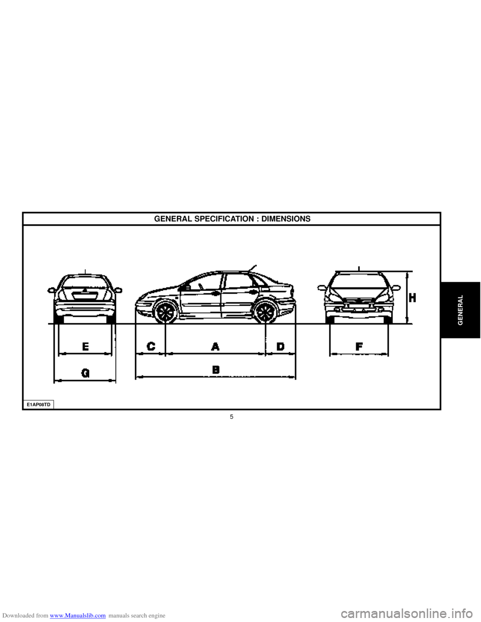 Citroen C5 2000 (DC/DE) / 1.G Owners Manual Downloaded from www.Manualslib.com manuals search engine GENERAL
5
GENERAL SPECIFICATION : DIMENSIONS
E1AP08TD  