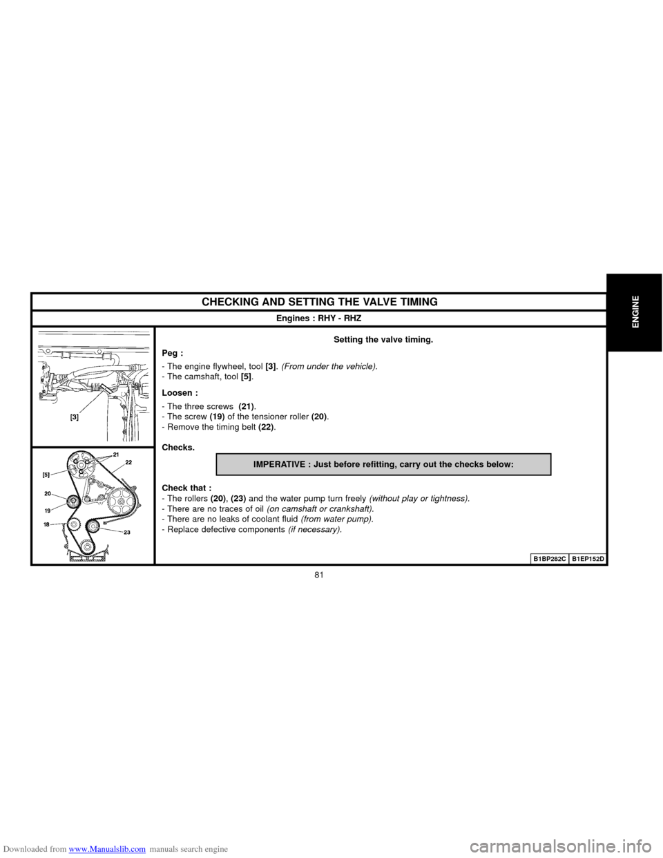 Citroen C5 2000 (DC/DE) / 1.G Owners Manual Downloaded from www.Manualslib.com manuals search engine ENGINE
81
Setting the valve timing.
Peg :
- The engine flywheel, tool [3].(From under the vehicle).
- The camshaft, tool [5].
Loosen :
- The th