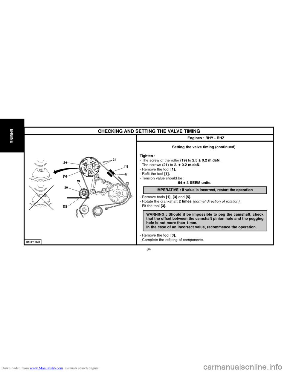 Citroen C5 2000 (DC/DE) / 1.G Manual Online Downloaded from www.Manualslib.com manuals search engine ENGINE
84
Setting the valve timing (continued).
Tighten :
- The screw of the roller (19)to 2.5 ± 0.2 m.daN.
- The screws (21)to 2. ± 0.2 m.da