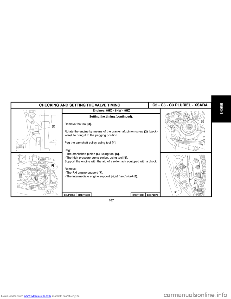 Citroen C2 2004 1.G User Guide Downloaded from www.Manualslib.com manuals search engine ENGINE
187
CHECKING AND SETTING THE VALVE TIMING
Engines: 8HX � 8HW � 8HZ
Setting the timing (contin
ued).
Remove the tool [3].
Rotate the engi