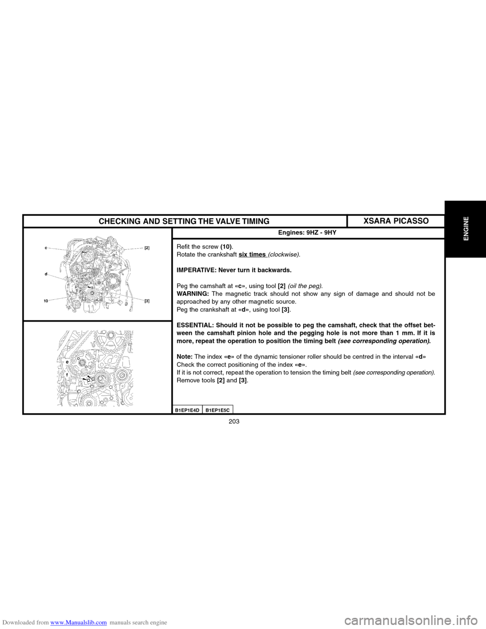 Citroen XSARA PICASSO 2004 1.G Owners Manual Downloaded from www.Manualslib.com manuals search engine 203
ENGINE
CHECKING AND SETTING THE VALVE TIMING
Engines: 9HZ � 9HY
Refit the screw (10).
Rotate the crankshaft six times (clockwise).
IMPERATI