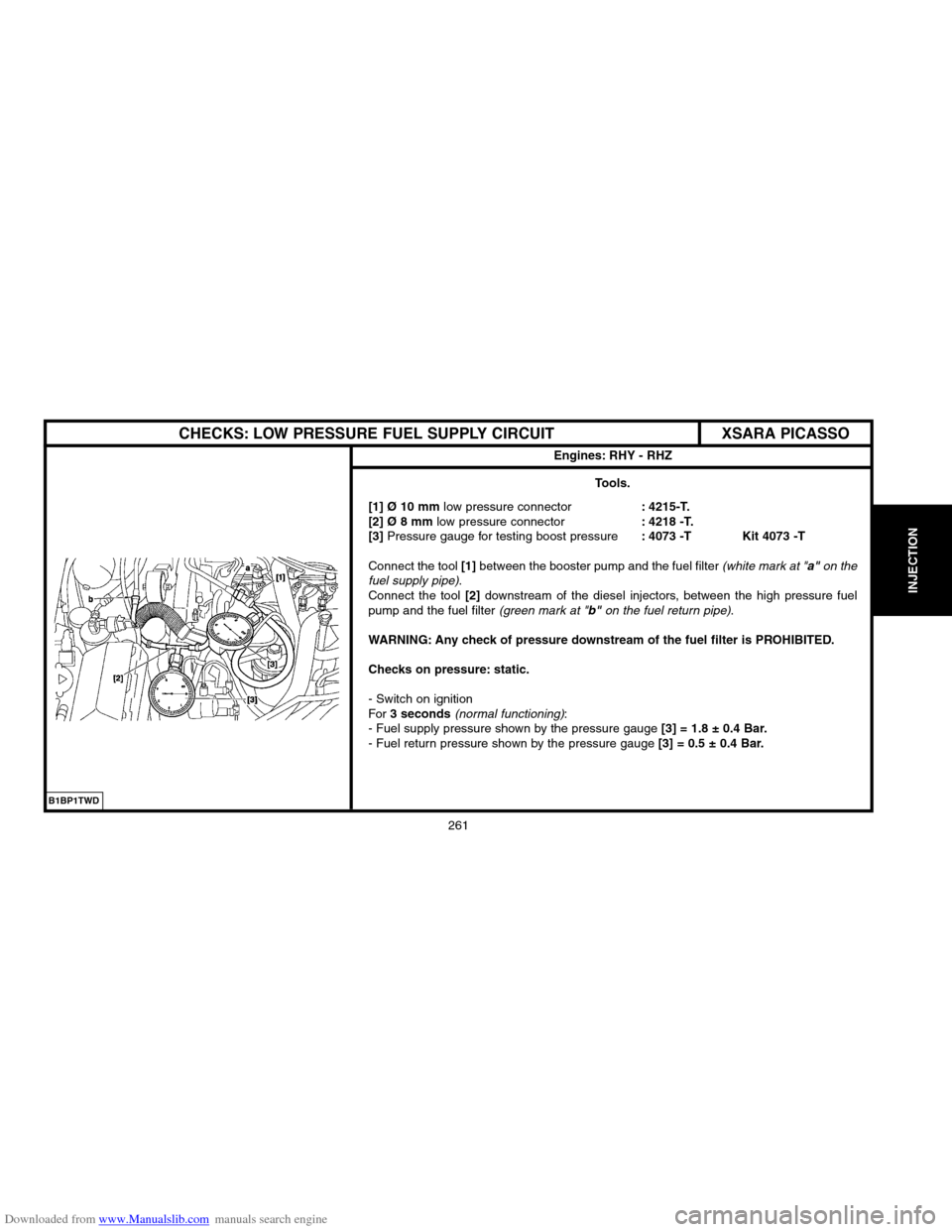 Citroen XSARA PICASSO 2004 1.G Service Manual Downloaded from www.Manualslib.com manuals search engine 261
INJECTION
XSARA PICASSO
CHECKS: LOW PRESSURE FUEL SUPPLY CIRCUIT
Engines: RHY � RHZ
Tools.
[1] Ø 10 mm
low pressure connector: 4215�T.
[2]