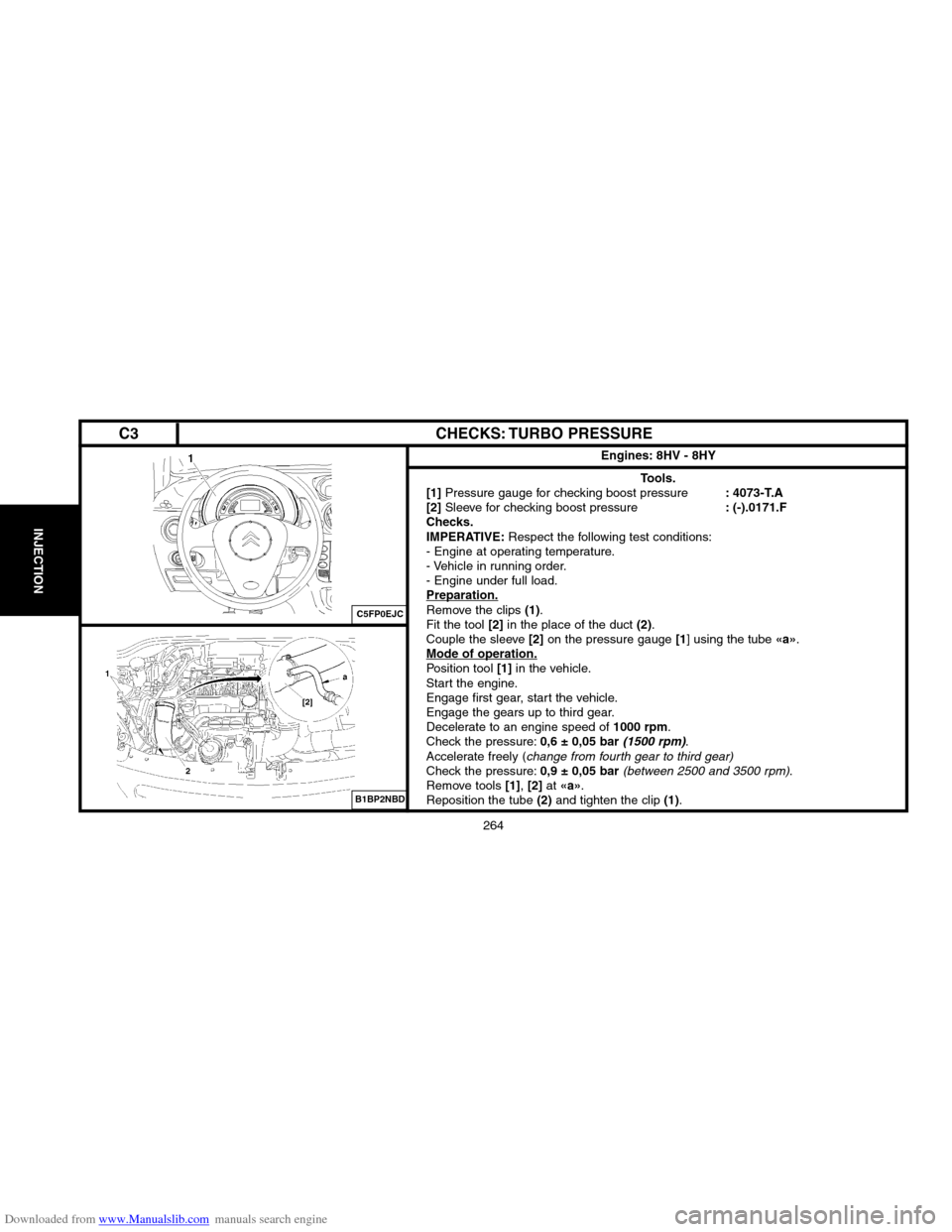 Citroen C3 2004 1.G Workshop Manual Downloaded from www.Manualslib.com manuals search engine 264
INJECTION
CHECKS: TURBO PRESSURE
Engines: 8HV � 8HY
Tools.
[1]Pressure gauge for checking boost pressure: 4073�T.A 
[2]Sleeve for checking 