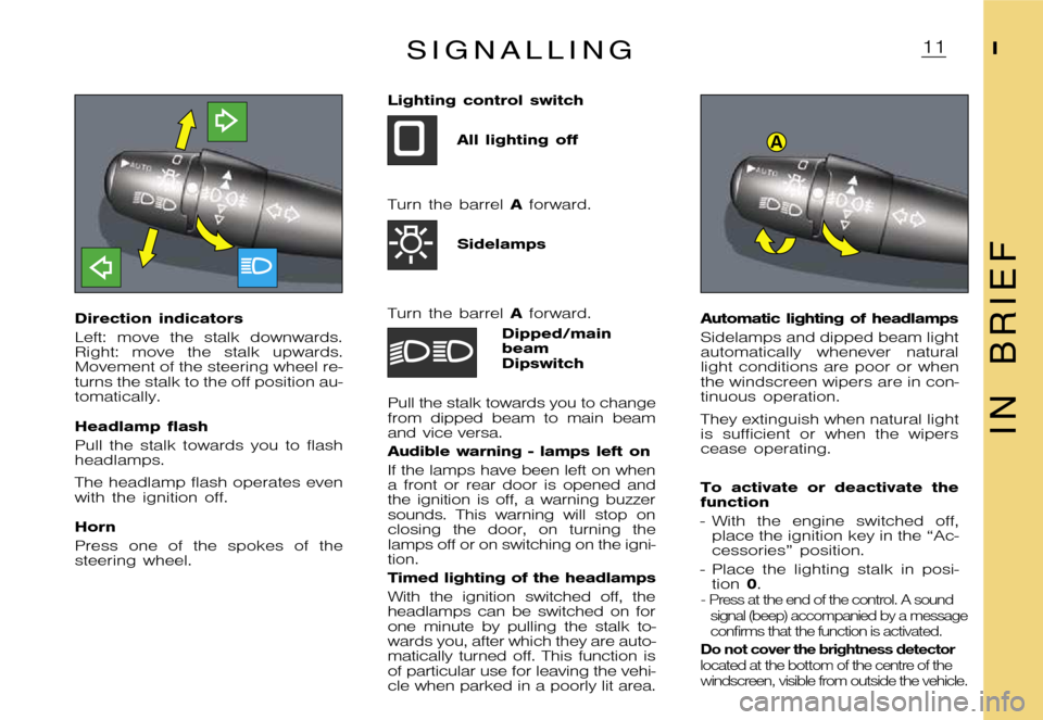 Citroen XSARA PICASSO 2005.5 1.G Owners Manual A
�1�1�I
�I �N �B �R �I �E �F
�S �i �g �n �a �l �l �i �n �g
�D�i�r�e�c�t�i�o�n �i�n�d�i�c�a�t�o�r�s 
�L�e�f�t�: �m�o�v�e �t�h�e �s�t�a�l�k �d�o�w�n�w�a�r�d�s�. 
�R�i�g�h�t�: �m�o�v�e �t�h�e �s�t�a�l�k