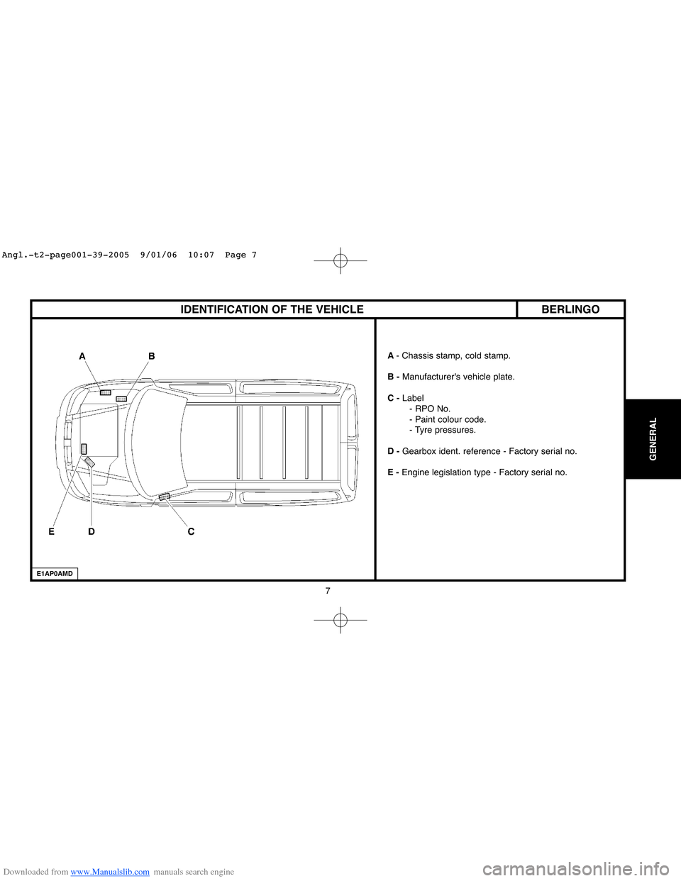 Citroen C4 2005 2.G Workshop Manual Downloaded from www.Manualslib.com manuals search engine 7
GENERAL
BERLINGO IDENTIFICATION OF THE VEHICLE
E1AP0AMD
A- Chassis stamp, cold stamp.
B - Manufacturers vehicle plate.
C -Label
- RPO No.
- 