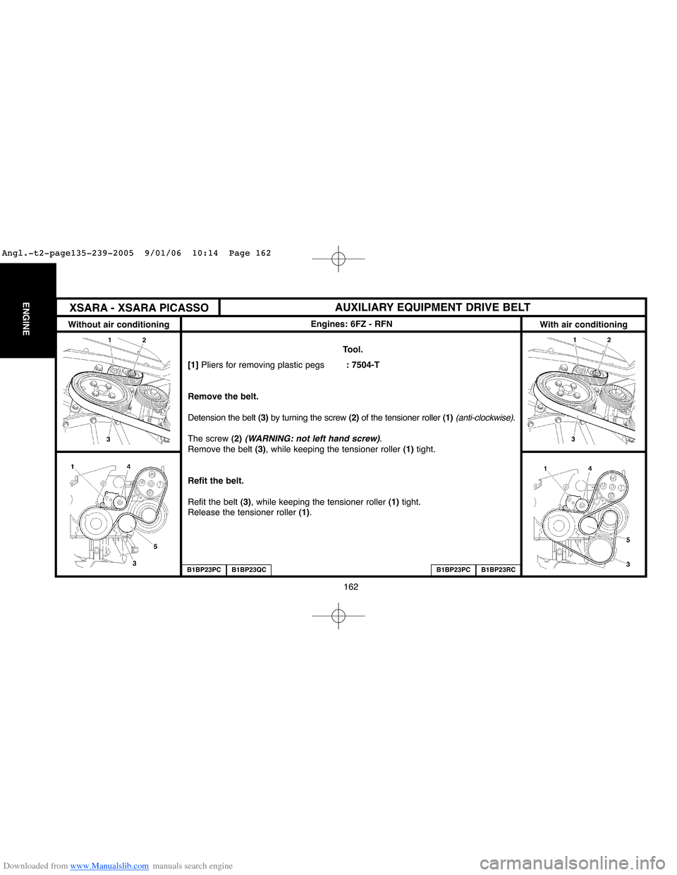 Citroen BERLINGO 2005 1.G Workshop Manual Downloaded from www.Manualslib.com manuals search engine 162
ENGINEAUXILIARY EQUIPMENT DRIVE BELT
Engines: 6FZ - RFN
Without air conditioningWith air conditioning
Tool.
[1] Pliers for removing plastic