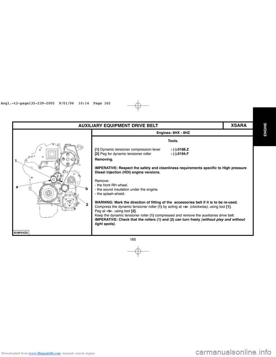 Citroen BERLINGO 2005 1.G Owners Manual Downloaded from www.Manualslib.com manuals search engine 165
ENGINE
XSARA
AUXILIARY EQUIPMENT DRIVE BELT
Tools.
[1] Dynamic tensioner compression lever: (-).0188.Z
[2] Peg for dynamic tensioner roller