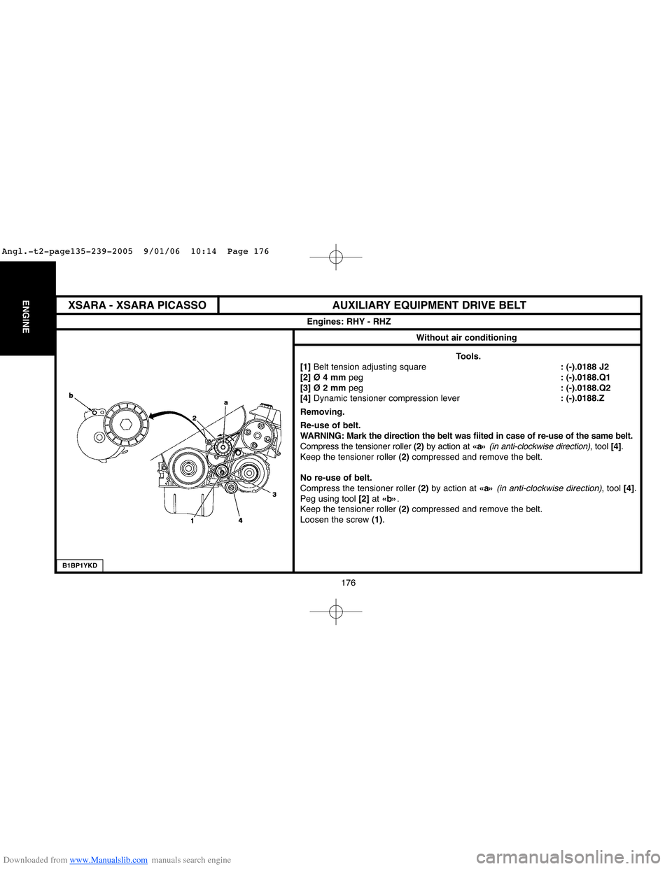 Citroen XSARA 2005 1.G Workshop Manual Downloaded from www.Manualslib.com manuals search engine 176
ENGINEXSARA - XSARA PICASSO AUXILIARY EQUIPMENT DRIVE BELT
Engines: RHY - RHZ
Without air conditioning
B1BP1YKD
Tools.
[1] Belt tension adj