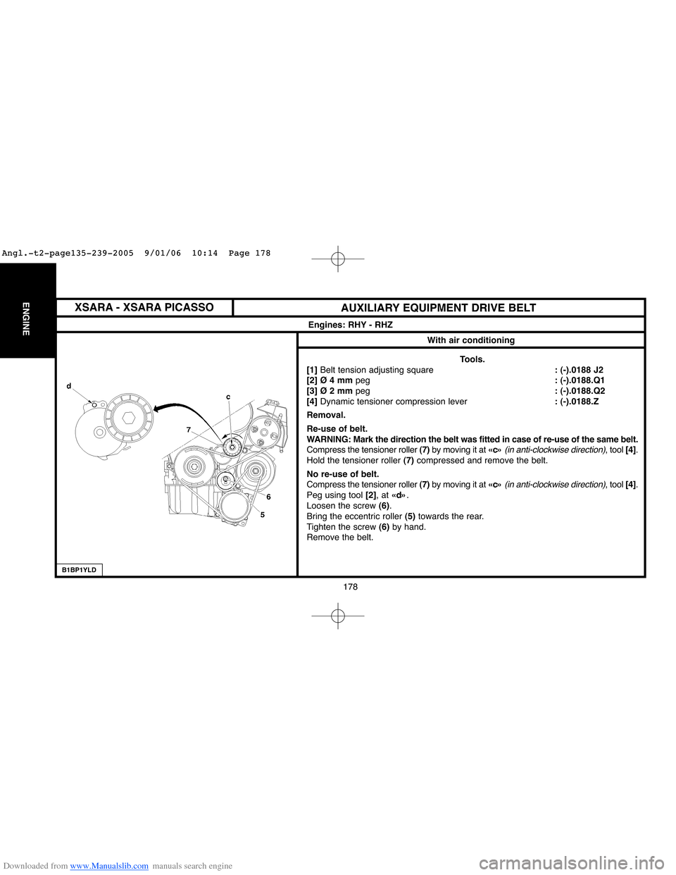 Citroen C4 2005 2.G Workshop Manual Downloaded from www.Manualslib.com manuals search engine 178
ENGINEXSARA - XSARA PICASSO
AUXILIARY EQUIPMENT DRIVE BELT
Engines: RHY - RHZ
With air conditioning
B1BP1YLD
Tools.
[1]Belt tension adjusti