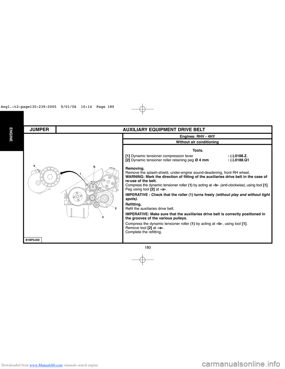 Citroen C4 2005 2.G Service Manual Downloaded from www.Manualslib.com manuals search engine 180
ENGINE
B1BP2J5D
AUXILIARY EQUIPMENT DRIVE BELT
Engines: RHV - 4HY
Tools.
[1]Dynamic tensioner compression lever: (-).0188.Z.
[2]Dynamic ten