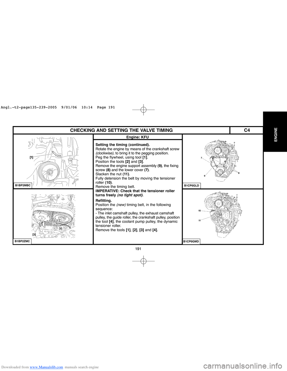 Citroen BERLINGO 2005 1.G Workshop Manual Downloaded from www.Manualslib.com manuals search engine 191
ENGINE
191
CHECKING AND SETTING THE VALVE TIMING
Engine: KFU
Setting the timing (continued).
Rotate the engine by means of the crankshaft s