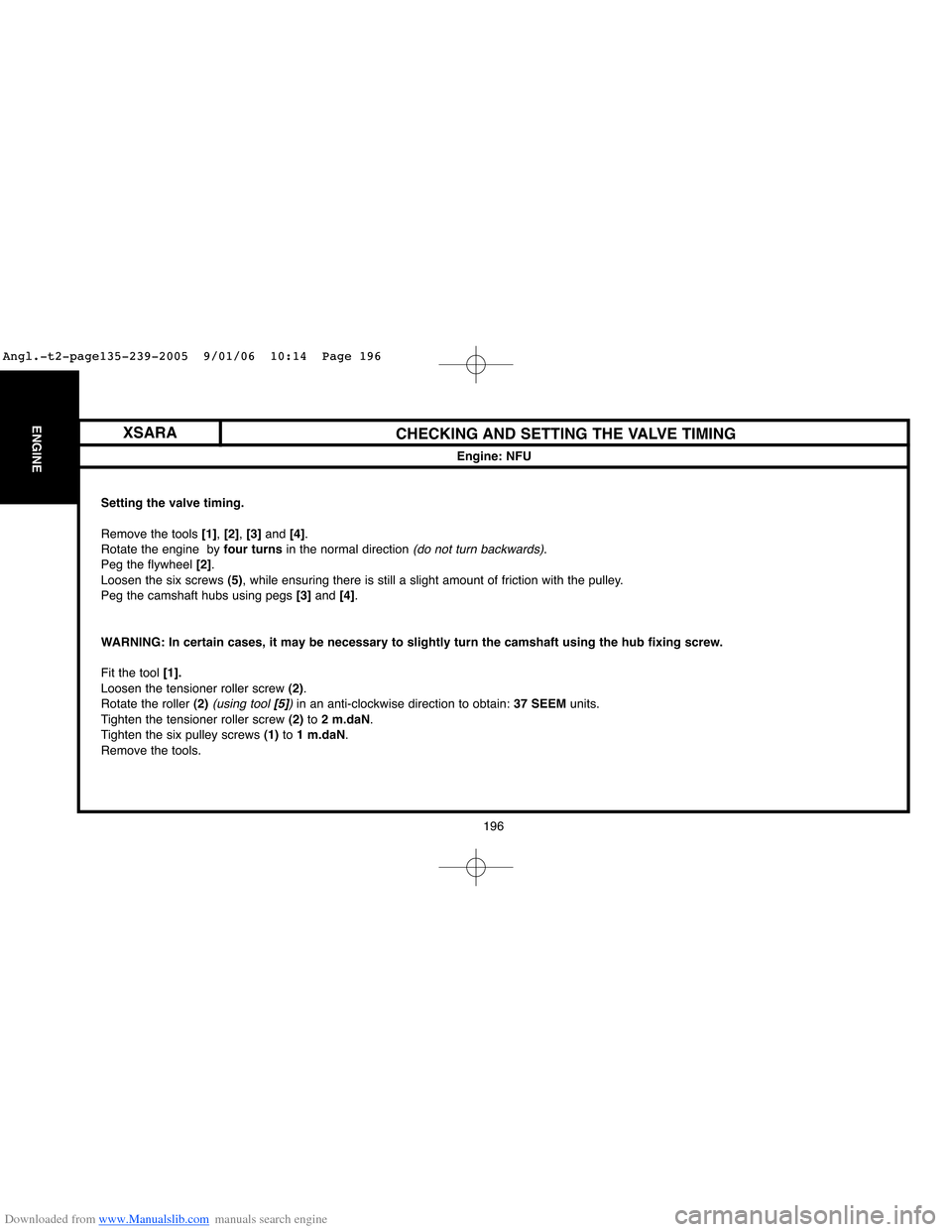 Citroen C4 2005 2.G Owners Guide Downloaded from www.Manualslib.com manuals search engine 196
ENGINECHECKING AND SETTING THE VALVE TIMING
Engine: NFU
Setting the valve timing.
Remove the tools [1], [2], [3]and [4].
Rotate the engine 