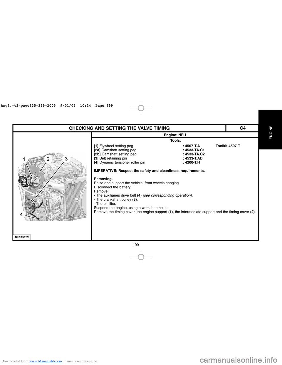 Citroen C4 2005 2.G Workshop Manual Downloaded from www.Manualslib.com manuals search engine 199
ENGINE
CHECKING AND SETTING THE VALVE TIMING
Engine: NFU
Tools.
[1]Flywheel setting peg: 4507-T.A Toolkit 4507-T
[2a]Camshaft setting peg: 