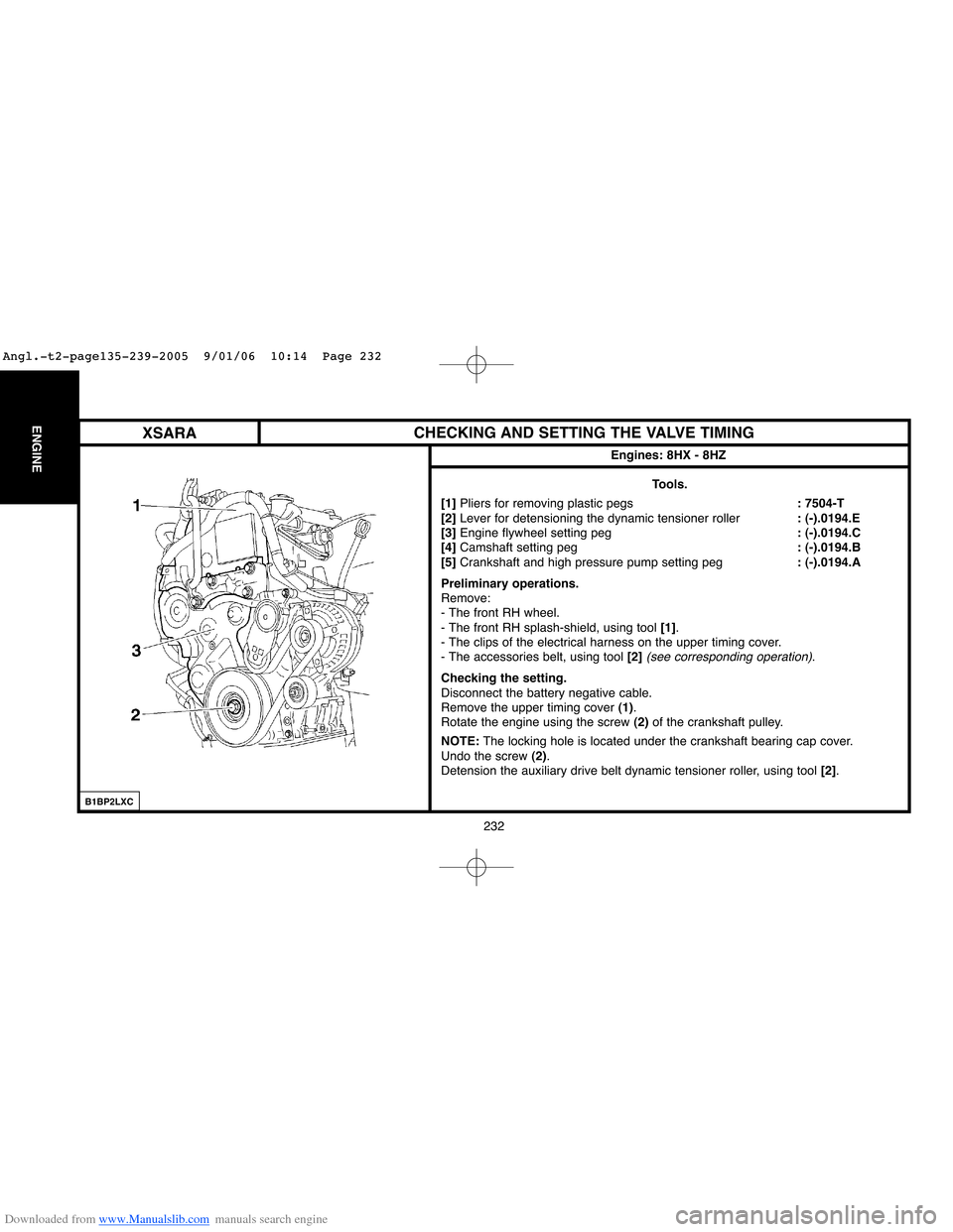 Citroen C4 2005 2.G Workshop Manual Downloaded from www.Manualslib.com manuals search engine 232
ENGINECHECKING AND SETTING THE VALVE TIMING
Engines: 8HX - 8HZ
B1BP2LXC
Tools.
[1] Pliers for removing plastic pegs: 7504-T
[2]Lever for de