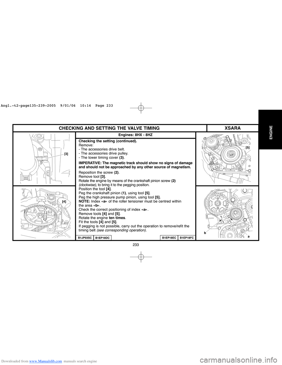 Citroen BERLINGO 2005 1.G Manual PDF Downloaded from www.Manualslib.com manuals search engine 233
ENGINE
CHECKING AND SETTING THE VALVE TIMING
Engines: 8HX - 8HZ
B1EP18EC
Checking the setting (continued).
Remove: 
- The accessories drive