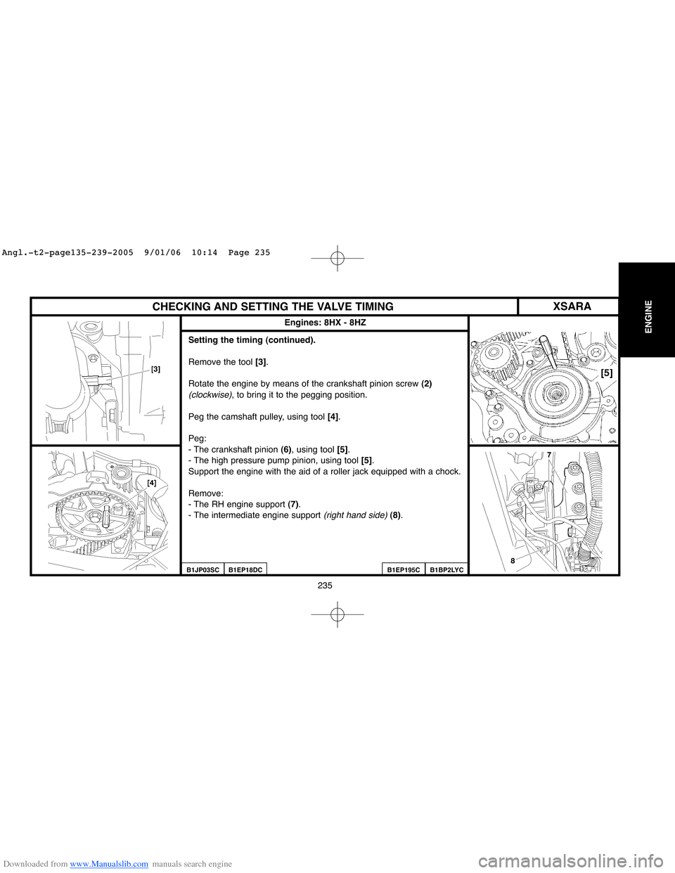 Citroen BERLINGO 2005 1.G Manual PDF Downloaded from www.Manualslib.com manuals search engine 235
ENGINE
CHECKING AND SETTING THE VALVE TIMING
Engines: 8HX - 8HZ
Setting the timing (continued).
Remove the tool [3].
Rotate the engine by m