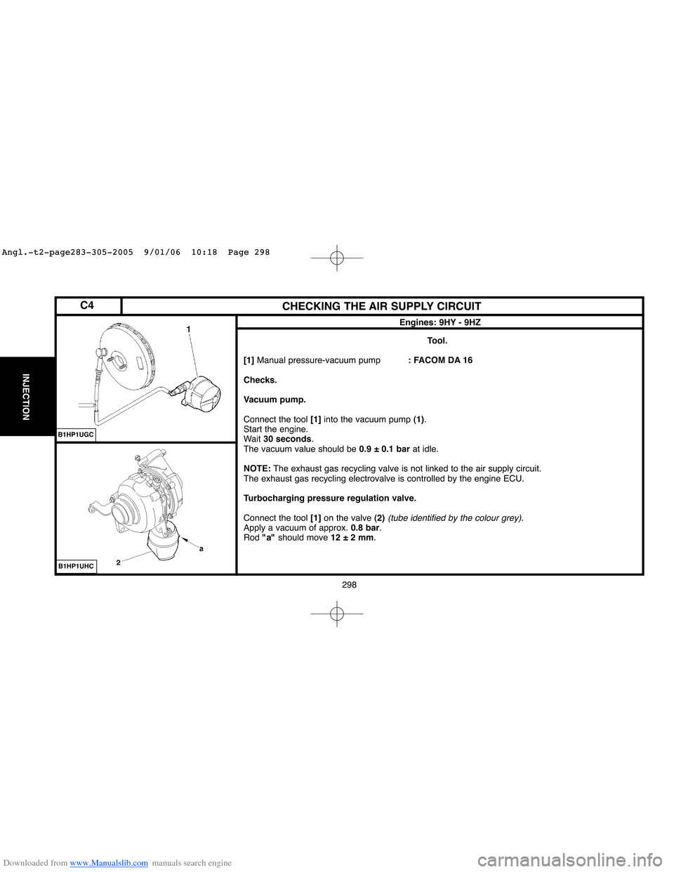 Citroen XSARA 2005 1.G Workshop Manual Downloaded from www.Manualslib.com manuals search engine 298
INJECTION
CHECKING THE AIR SUPPLY CIRCUIT
Tool.
[1]Manual pressure-vacuum pump: FACOM DA 16
Checks.
Vacuum pump.
Connect the tool [1]into t