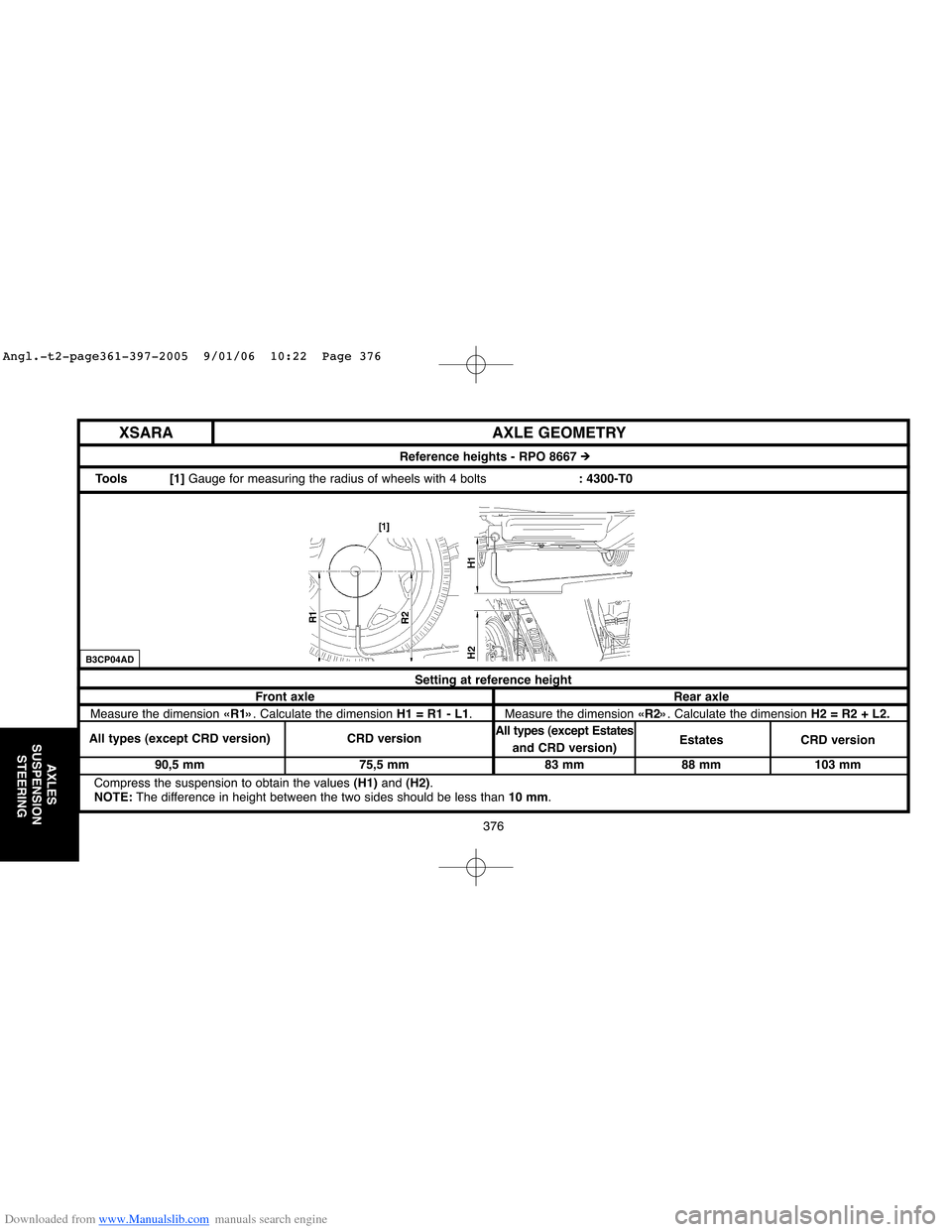 Citroen XSARA 2005 1.G Workshop Manual Downloaded from www.Manualslib.com manuals search engine 376
AXLES
SUSPENSION
STEERING
Setting at reference height
Front axle Rear axle
Measure the dimension «R1». Calculate the dimension H1 = R1 - 