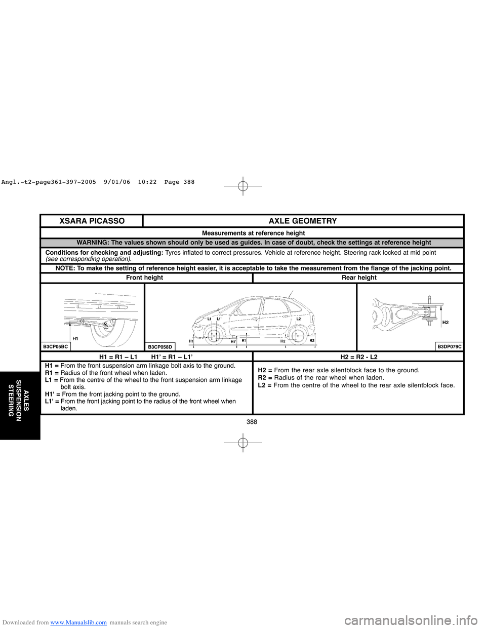 Citroen XSARA PICASSO 2005 1.G Workshop Manual Downloaded from www.Manualslib.com manuals search engine 388
AXLES
SUSPENSION
STEERING
H1 = R1 – L1       H1’ = R1 – L1’
H1 = From the front suspension arm linkage bolt axis to the ground.
R1 
