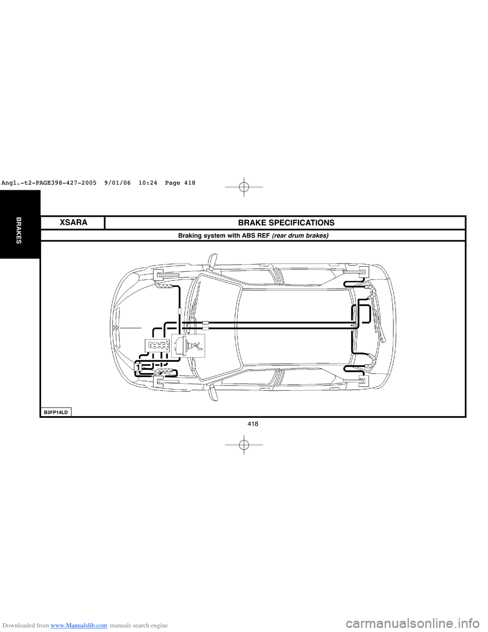 Citroen C4 2005 2.G Workshop Manual Downloaded from www.Manualslib.com manuals search engine 418
BRAKES
Braking system with ABS REF (rear drum brakes)
BRAKE SPECIFICATIONS
B3FP14LD
XSARA
Angl.-t2-PAGE398-427-2005  9/01/06  10:24  Page 4
