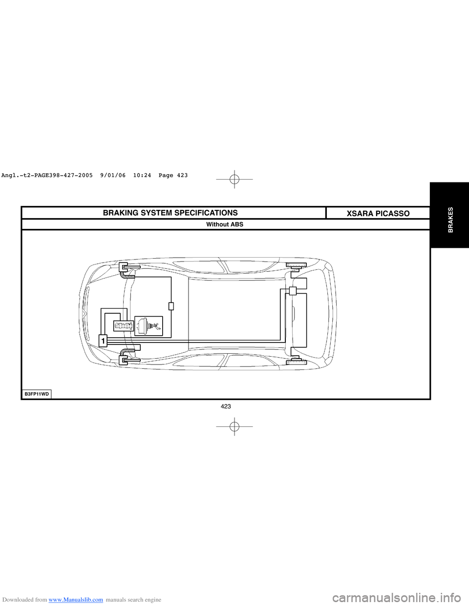 Citroen C4 2005 2.G Workshop Manual Downloaded from www.Manualslib.com manuals search engine 423
BRAKES
B3FP11WD
BRAKING SYSTEM SPECIFICATIONS
Without ABS
XSARA PICASSO
Angl.-t2-PAGE398-427-2005  9/01/06  10:24  Page 423  