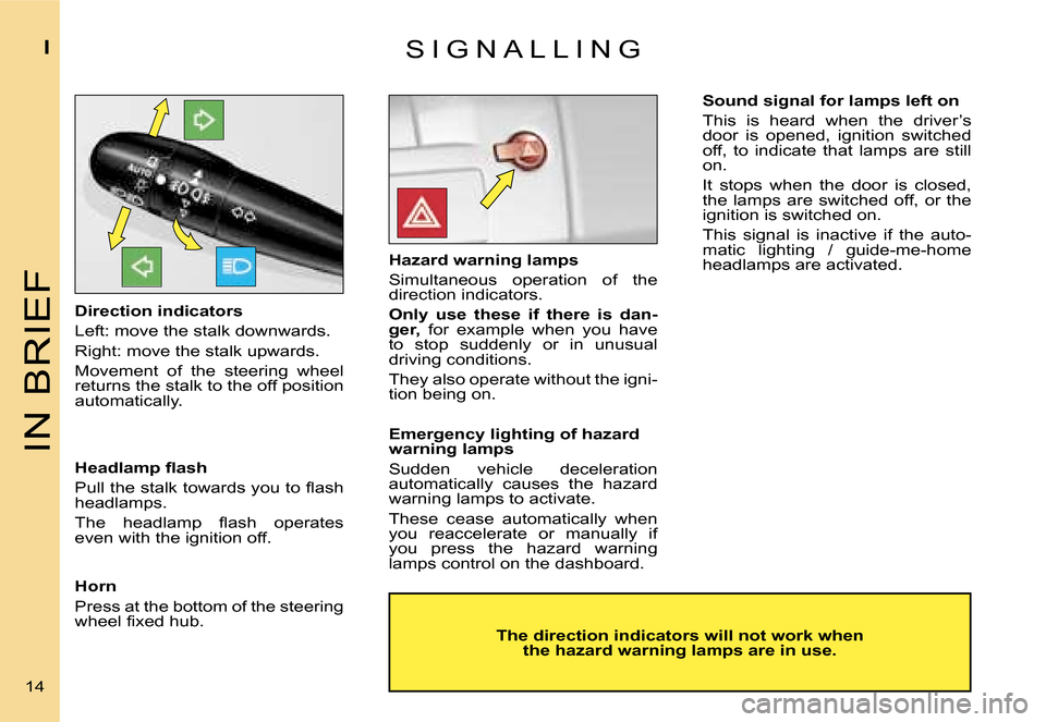 Citroen C4 DAG 2006.5 1.G User Guide �I�N� �B�R�I�E�F
�I
�1�4� �S �I �G �N �A �L �L �I �N �G
�D�i�r�e�c�t�i�o�n� �i�n�d�i�c�a�t�o�r�s 
�L�e�f�t�:� �m�o�v�e� �t�h�e� �s�t�a�l�k� �d�o�w�n�w�a�r�d�s�.
�R�i�g�h�t�:� �m�o�v�e� �t�h�e� �s�t�a�