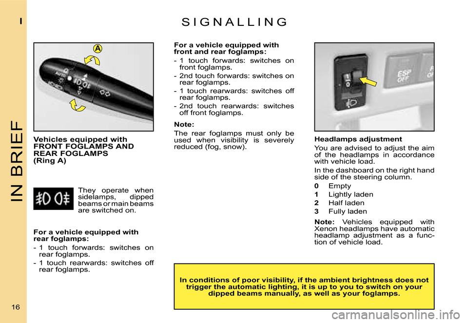 Citroen C4 DAG 2006.5 1.G User Guide �A
�I�N� �B�R�I�E�F
�I
�1�6� �S �I �G �N �A �L �L �I �N �G
�V�e�h�i�c�l�e�s� �e�q�u�i�p�p�e�d� �w�i�t�h�  
�F�R�O�N�T� �F�O�G�L�A�M�P�S� �A�N�D� 
�R�E�A�R� �F�O�G�L�A�M�P�S� � 
�(�R�i�n�g� �A�)
�I�n� 