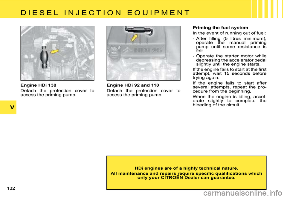 Citroen C4 DAG 2006.5 1.G Owners Manual V
132  Engine HDi 138 
Detach  the  protection  cover  to  
access the priming pump.
HDi engines are of a highly technical nature.
�A�l�l� �m�a�i�n�t�e�n�a�n�c�e� �a�n�d� �r�e�p�a�i�r�s� �r�e�q�u�i�r�