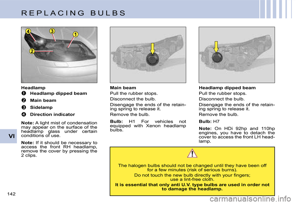 Citroen C4 DAG 2006.5 1.G Owners Manual �1�3
�2
�4
�V�I
�1�4�2� 
�H�e�a�d�l�a�m�p
��  �H�e�a�d�l�a�m�p� �d�i�p�p�e�d� �b�e�a�m
��  �M�a�i�n� �b�e�a�m
��  �S�i�d�e�l�a�m�p
�� �D�i�r�e�c�t�i�o�n� �i�n�d�i�c�a�t�o�r
�N�o�t�e�: � �A