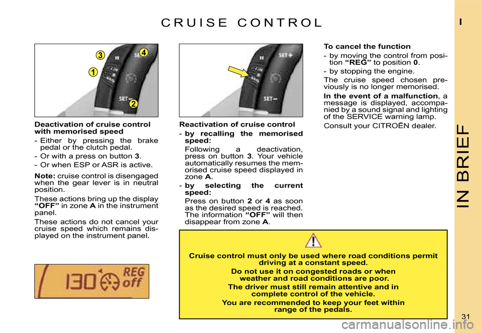 Citroen C4 DAG 2006.5 1.G Owners Guide �1
�3
�2
�4
�I�N� �B�R�I�E�F
�I
�3�1� 
�D�e�a�c�t�i�v�a�t�i�o�n� �o�f� �c�r�u�i�s�e� �c�o�n�t�r�o�l�  
�w�i�t�h� �m�e�m�o�r�i�s�e�d� �s�p�e�e�d 
�-�  �E�i�t�h�e�r�  �b�y�  �p�r�e�s�s�i�n�g�  �t�h�e�  