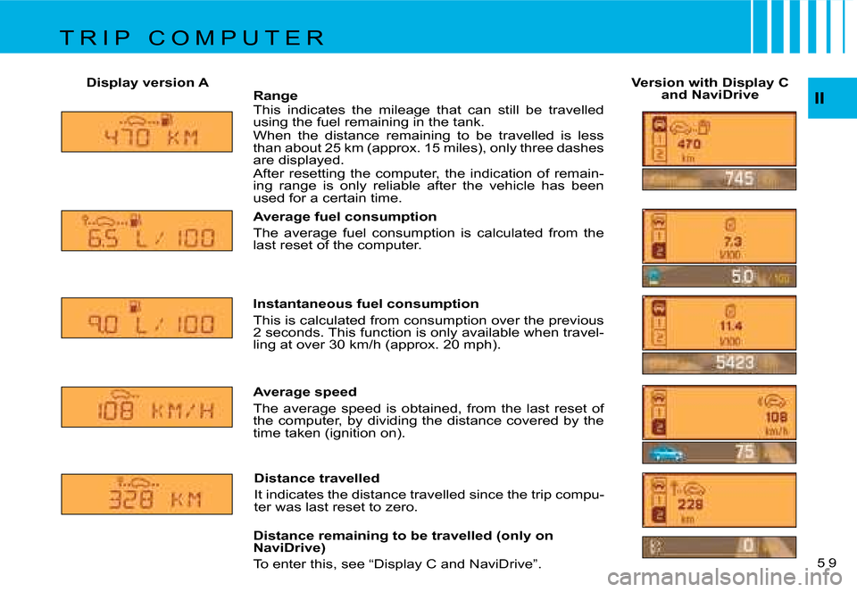 Citroen C4 DAG 2006.5 1.G Owners Manual II5 9 
Display version A
Version with Display C 
and NaviDrive
Range 
This  indicates  the  mileage  that  can  still  be  travelled  
using the fuel remaining in the tank. 
When  the  distance  remai